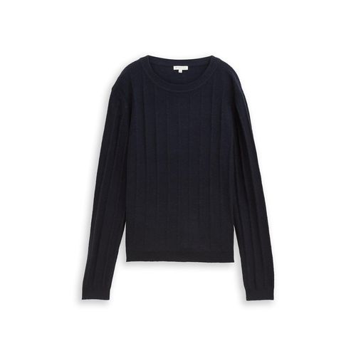 TOM TAILOR Damen Rib Strickpullover mit Wollanteil, blau, Uni, Gr. S