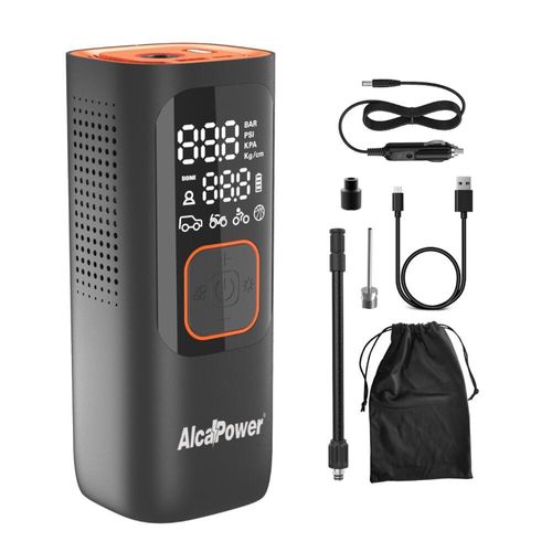 Alcapower - Tragbarer Mini-Auto- und Fahrradkompressor 160 PSI 3 in 1 - Kompressor, PowerBank und Taschenlampe