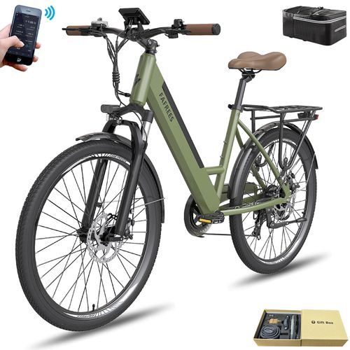 E-Bike MTB, Pannensichere Reifen 26 Zoll, Rostfreie Aluminiumlegierung Wasserdicht IP54, Bis zu 90 - 110 km mit 7 Gang und App, Grün