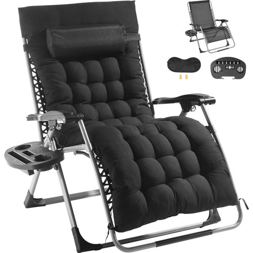 SucceBuy Schwerelosigkeitsstuhl, 33 Zoll, 500 lbs Tragkraft, Schwarz. Ideal für drinnen und draußen. Verstellbar mit Kissen, Kopfstütze, Fußstütze, Getränkehalter.