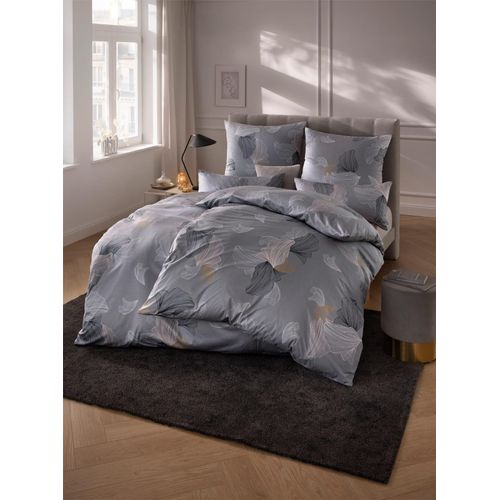 Bettwäsche ESTELLA Gr. 3, grau (steingrau, weiß, bedruckt), B/L: 155cm x 220cm, Feinflanell, B/L: 80cm x 80cm, 3 Stk., Feinflanell, 100% Baumwolle, Bettwäsche