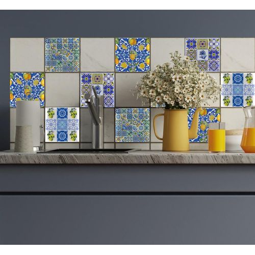 Fliesenaufkleber QUEENCE "Bunte Ornamente", blau, B:15cm H:15cm T:0,2cm, Fliesenaufkleber, selbstklebend, 12er Set