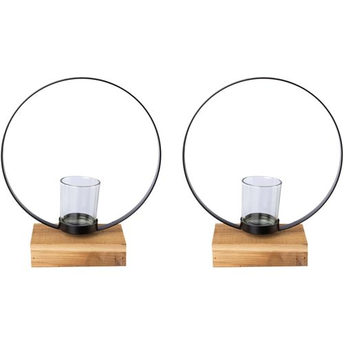 Teelichthalter CREATIV DECO, schwarz, B:20cm H:23cm T:7cm, Metall, Kerzenhalter, auf edlem Holzfuß, 2er Set, Höhe ca. 23 cm