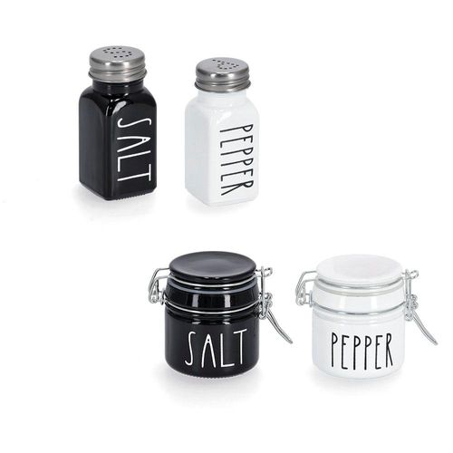 Salz- / Pfefferstreuer ZELLER PRESENT, schwarz-weiß (schwarz, weiß), B:4,1cm H:9,2cm Ø:4,1cm, Gewürzstreuer, Glas / Metall, je 2 Gewürzgläser, Gewürzstreuer