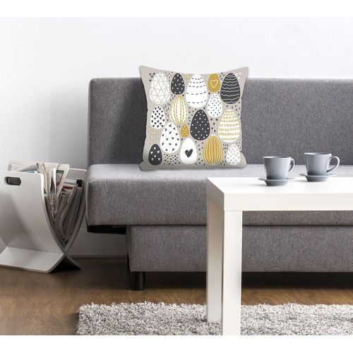 Dekokissen QUEENCE "Easteregg", gelb (weiß, senf, grau, bedruckt), B:40cm L:40cm, Polyester, Dekokissen_Sitzkissen_Kissenhüllen, mit bunten Ostereiern