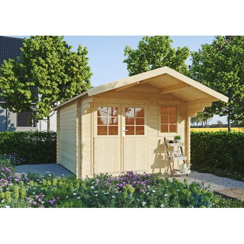 Gartenhaus KONIFERA "Kallenberg 2", beige (naturbelassen), Fußboden im Gartenhaus, ohne Dacheindeckung, Holzwerkstoff, Gartenhäuser, Blockbohlenhaus inkl. Hochbeet (100x200x70 cm)