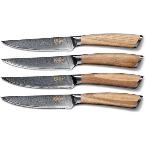 Steakbesteck KÄFER, grau (edelstahl), 4, Klingenstahl, Massivholz, Essbesteck-Sets, Olivenholzgriff, 67-lagiger Damaszenerstahl, Klingenlänge 12 cm