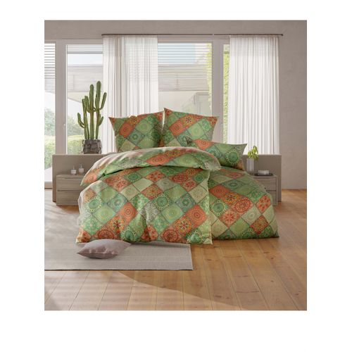 Bettwäsche WÄSCHEPUR Gr. 1, grün (reseda, orange, bedruckt), B/L: 135cm x 200cm, Mako-Satin, B/L: 80cm x 80cm, 2 Stk., Mako-Satin, 100% Baumwolle, Bettwäsche