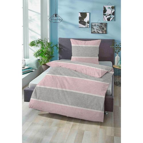 Bettwäsche BIBERNA Gr. 2, rosa (rosa, grau), B/L: 155cm x 220cm, Biber, B/L: 80cm x 80cm, 2 Stk., Biber, 100% Baumwolle, Bettwäsche