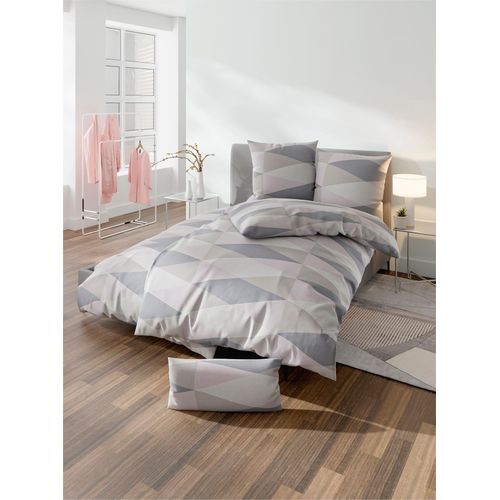 Bettwäsche JANINE Gr. 5, rosa (rosé, grau, bedruckt), B/L: 135cm x 200cm, Feinbiber, B/L: 40cm x 80cm, 2 Stk., Feinbiber, 100% Baumwolle, Bettwäsche