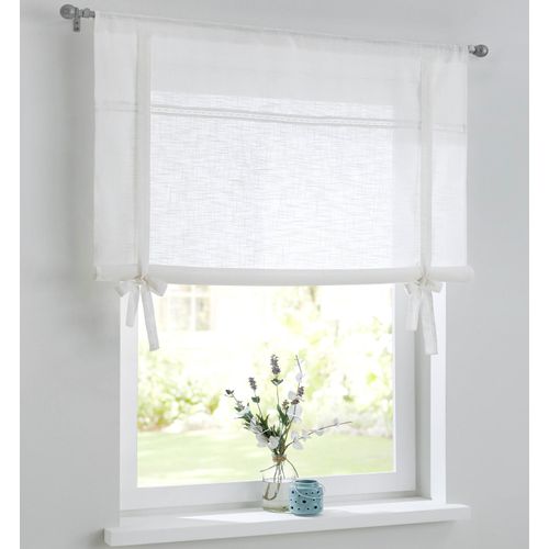 Bindegardine KUTTI "Vicky" Gr. 4, weiß (sanftes weiß), B:100cm H:100cm, Leinenstruktur, Baumwolle, Gardinen, Bindegardine Baumwolle, feine Stickerei, Schleifenbänder zum Raffen