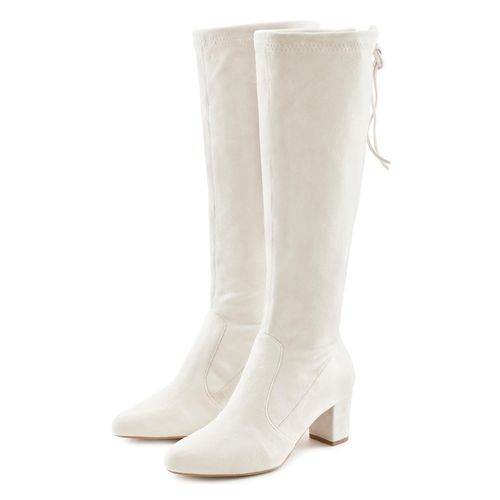 Schlupfstiefel LASCANA, Damen, Gr. 43, beige (creme), Obermaterial: 100% Textilmaterial. Futter: 100% Textilmaterial. Decksohle: 100% Lederimitat. Laufsohle: 100% Synthetik, unifarben, Schuhe, Schlupfboots, Slouchy Boots, Slip-On, Stretch & Blockabsatz, Topseller