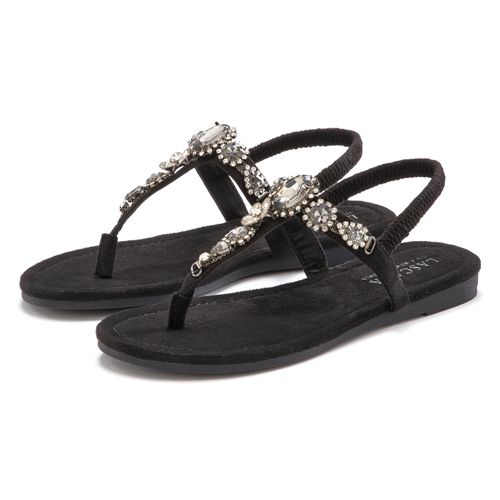Zehentrenner LASCANA, Damen, Gr. 39, schwarz, Obermaterial: 100% Textilmaterial. Futter: 100% Lederimitat. Decksohle: 100% Textilmaterial. Laufsohle: 100% Synthetik, Glitzer, Feminin, Schuhe, Sandale, Pantolette mit Schmucksteinen VEGAN