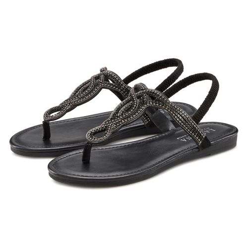 Zehentrenner LASCANA, Damen, Gr. 43, schwarz, Obermaterial: 100% Textilmaterial. Futter: 100% Lederimitat. Decksohle: 100% Lederimitat. Laufsohle: 100% Synthetik, Glitzer, bestickt, Schuhe Zehenstegsandale Sommerschuh, Sandale, Pantolette mit Schmucksteinen in Glitzer-Optik VEGAN