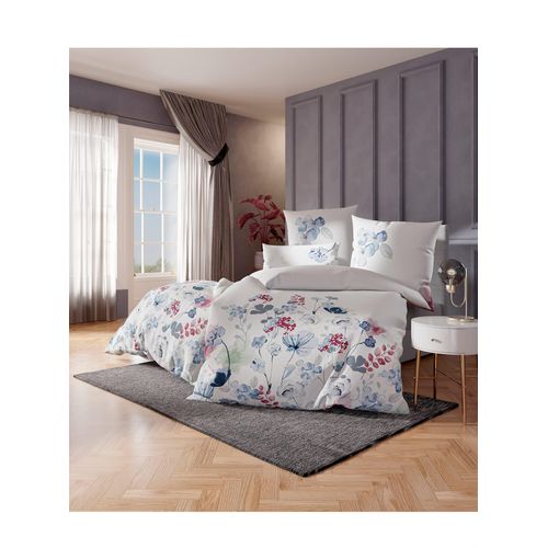 Bettwäsche WÄSCHEPUR Gr. 1, blau (weiß, jeansblau, bedruckt), B/L: 135cm x 200cm, Feinbiber, B/L: 80cm x 80cm, 2 Stk., Feinbiber, 100% Baumwolle, Bettwäsche