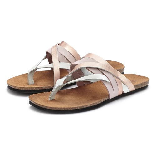 Zehentrenner LASCANA, Damen, Gr. 36, rosa (rosé), Obermaterial: 100% Rindsleder. Decksohle: 100% Rindsleder. Laufsohle: 100% Synthetik, metallic, Casual, Schuhe, Sandale, Pantolette aus Leder mit Korkfußbett