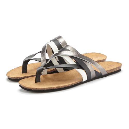 Zehentrenner LASCANA, Damen, Gr. 38, silber (schwarz, silberfarben), Obermaterial: 100% Rindsleder. Decksohle: 100% Rindsleder. Laufsohle: 100% Synthetik, metallic, Schuhe, Sandale, Pantolette aus Leder mit Korkfußbett