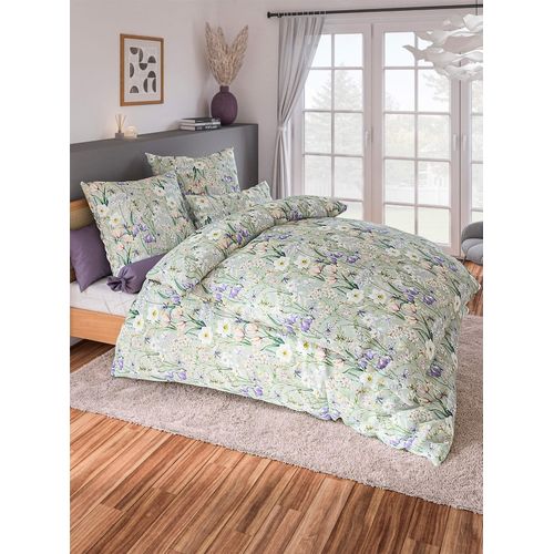Bettwäsche WÄSCHEPUR Gr. 3, bunt (reseda, bedruckt), B/L: 155cm x 220cm, Mako-Satin, B/L: 80cm x 80cm, 2 Stk., Mako-Satin, 100% Baumwolle, Bettwäsche