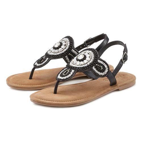 Zehentrenner LASCANA, Damen, Gr. 37, schwarz, Obermaterial: 80% Synthetik, 20% Schafsleder. Futter: 100% Schafsleder. Decksohle: 100% Ziegenleder. Laufsohle: 100% Synthetik, bestickt, Feminin, Schuhe, Sandale, Pantolette in Glitzer-Optik und softer Lederinnensohle
