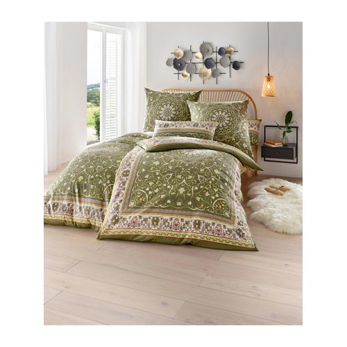 Bettwäsche HEINE HOME Gr. 3, grün (khaki, bedruckt), B/L: 155cm x 220cm, Mako-Satin, B/L: 80cm x 80cm, 2 Stk., Mako-Satin, 100% Baumwolle, Bettwäsche