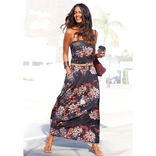 Maxikleid LASCANA, Damen, Gr. 42, N-Gr, schwarz (schwarz, bedruckt), Jersey, Obermaterial: 95% Viskose, 5% Elasthan, figurbetont bodenlang, Kleider, mit Floralprint und Taschen, sommerliches Bandeaukleid, Strandkleid