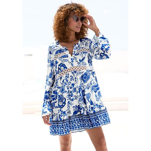 Longbluse LASCANA, Damen, Gr. 44/46, blau (creme, blau bedruckt), Web, Obermaterial: 100% Viskose. Spitze: 100% Baumwolle, bedruckt, figurumspielend kurz, V-Ausschnitt, Volant, Blusen, mit Spitzeneinsätzen, Tunika, Blusenkleid, Strandmode