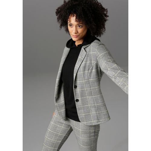 Sweatblazer ANISTON CASUAL, Damen, Gr. 42, grau (schwarz, weiß, gelb), Jersey;Sweatware, Obermaterial: 65% Polyester, 30% Viskose, 5% Elasthan, kariert, modisch, figurbetont hüftlang, Blazer, im Karo-Dessin