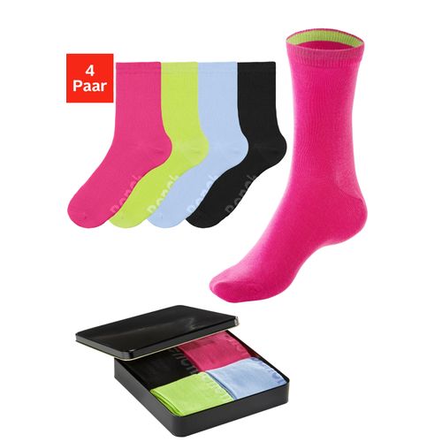 Socken BENCH., Herren, Gr. 39-42, bunt (1x grün, 1x pink, 1x schwarz, 1x hellblau), Baumwollmischung, unifarben, elastisch, Socken, mit farbigen Innenbündchen, sortiert in edler Geschenkdose