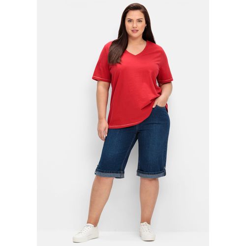 Jeansbermudas SHEEGO, Damen, Gr. 58, Normalgrößen, blau (blau denim), 99% Baumwolle, 1% Elasthan, unifarben, kurz, Jeans