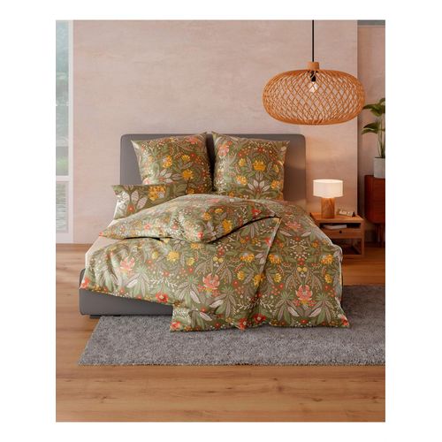 Bettwäsche WÄSCHEPUR Gr. 1, grün (oliv), B/L: 135cm x 200cm, Mako-Satin, B/L: 80cm x 80cm, 2 Stk., Mako-Satin, 100% Baumwolle, Bettwäsche