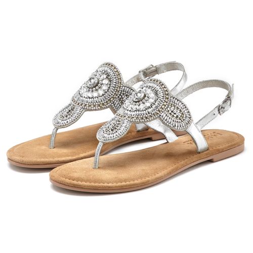 Zehentrenner LASCANA, Damen, Gr. 43, silber (silberfarben), Obermaterial: 80% Synthetik, 20% Schafsleder. Futter: 100% Schafsleder. Decksohle: 100% Ziegenleder. Laufsohle: 100% Synthetik, bestickt, Schuhe, Sandale, Pantolette in Glitzer-Optik und softer Lederinnensohle