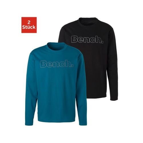Langarmshirt BENCH. LOUNGEWEAR, Herren, Gr. M, grün (petrol, schwarz), Obermaterial: 100% Baumwolle, unifarben, Basic, bequem normal, Rundhals, Shirts, mit Bench. Print vorn, Topseller