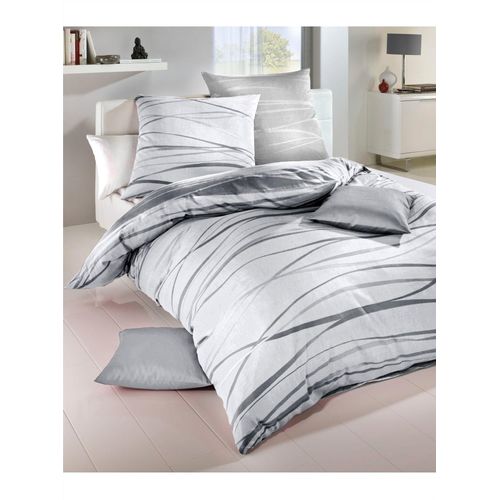 Bettwäsche KAEPPEL Gr. 7, grau (weiß, grau), B/L: 200cm x 200cm, Feinbiber, B/L: 80cm x 80cm & 80cm x 80cm, 2 Stk., Feinbiber, 100% Baumwolle, Bettwäsche