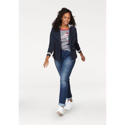 Sweatblazer KANGAROOS, Damen, Gr. 50, blau (marine, hellgrau, meliert), Sweatware, Obermaterial: 65% Polyester, 35% Baumwolle. Einsatz: 63% Polyester, 33% Baumwolle, 4% Elasthan. Kapuze: 50% Baumwolle, 50% Polyester, kontrastfarbene Details, unifarben, Casual, figurbetont hüftlang, Rippstrickbündchen, Blazer, mit vielen Details und abnehmbarer Kapuze