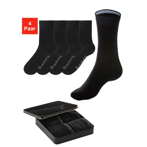 Socken BENCH., Herren, Gr. 39-42, schwarz (4x schwarz), Baumwollmischung, unifarben, elastisch, Socken, mit farbigen Innenbündchen, sortiert in edler Geschenkdose