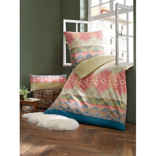 Bettwäsche HEINE HOME Gr. 3, bunt (pistazie, koralle, gemustert), B/L: 155cm x 220cm, Feinbiber, B/L: 80cm x 80cm, 2 Stk., Feinbiber, 100% Baumwolle, Bettwäsche