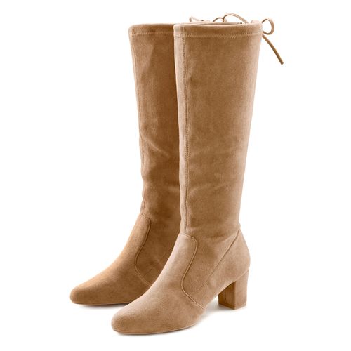 Schlupfstiefel LASCANA, Damen, Gr. 42, braun (sand), Obermaterial: 100% Textilmaterial. Futter: 100% Textilmaterial. Decksohle: 100% Lederimitat. Laufsohle: 100% Synthetik, unifarben, Schuhe, Schlupfboots, Slouchy Boots, Slip-On, Stretch & Blockabsatz, Topseller
