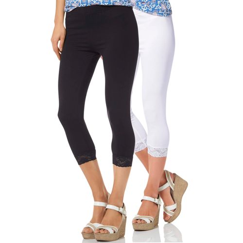 Leggings BOYSEN'S, Damen, Gr. 44, N-Gr, schwarz-weiß (schwarz, weiß), Jersey, Obermaterial: 95% Baumwolle, 5% Elasthan. Spitze: 95% Polyamid, 5% Elasthan, unifarben, Basic, schmal 3/4-Länge, Hosen, mit Spitze