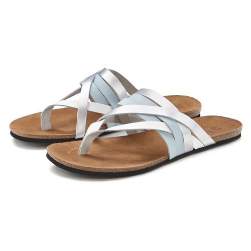 Zehentrenner LASCANA, Damen, Gr. 39, blau, Obermaterial: 100% Rindsleder. Decksohle: 100% Rindsleder. Laufsohle: 100% Synthetik, metallic, Casual, Schuhe, Sandale, Pantolette aus Leder mit Korkfußbett