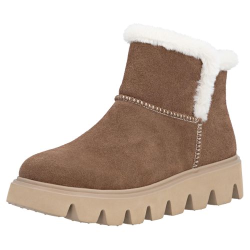 Winterboots RIEKER EVOLUTION, Damen, Gr. 42, braun (braun, beige), Textil, Veloursleder, Schuhe, Plateaustiefel, Schlupfschuh mit Innenreißverschluss