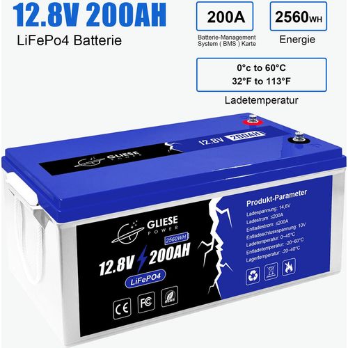 Solarbatterie 12V 200Ah Lithium Batterie,Max. 2560W Lastleistung mit BMS,4000-15000 Zyklen und 10 Jahre Batterielebensdauer, Perfekt für Wohnmobil, Camping