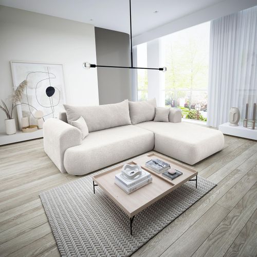 3 Sitzer Ecksofa ANTONIO BARON - 260x173x78cm, Ottomane rechts/links, Schlaffunktion & Bettkasten - Eckarniutur in Bouclé-Stoff Naturbeige/Hellbeige
