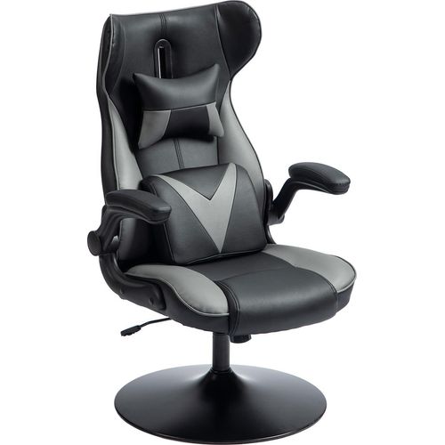 Gaming Stuhl mit Wippenfunktion, ergonomischer Computerstuhl, höhenverstellbar Bürostuhl, drehbar Schreibtischstuhl mit Kopf- und Lendenkissen, bis 120 kg belastbar, Schwarz+Grau