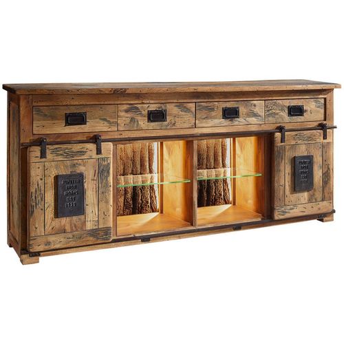 Livetastic Sideboard , Braun, Schwarz , Metall , Mangoholz , massiv , 4 Fächer , 4 Schubladen , 200x90x45 cm , Beleuchtung , Holzmöbel, Kleinmöbel