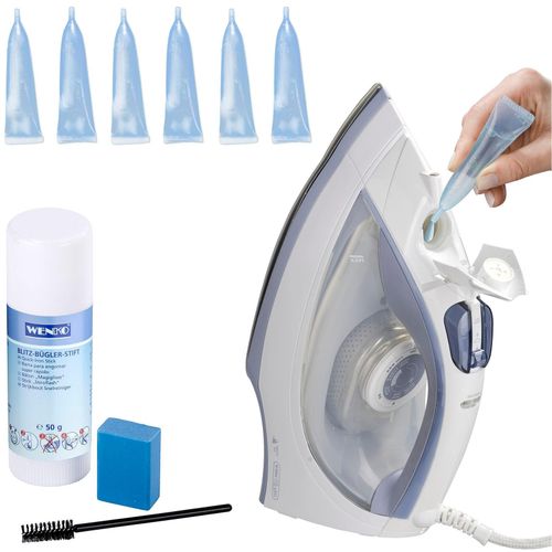 Reinigungs-Set WENKO "Bügeleisenreinigungsset", blau, H:11,5cm Ø:3,5cm, Kunststoff, Reinigungs-Sets, Reinigungsmittel, Radiergummi, Blitzbügler-Stift, Spezial-Bürste und Entkalker