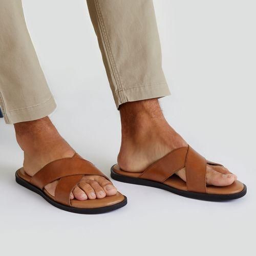 Leder-Pantolette mit überkreuzten Ristbändern, Herren,  Beige, Leder, by Lands' End