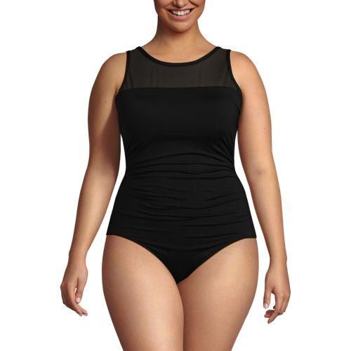 Badeanzug mit Netz-Detail, hoher Halsausschnitt, Damen,  Schwarz, Elasthan/Nylon-Mischung, by Lands' End
