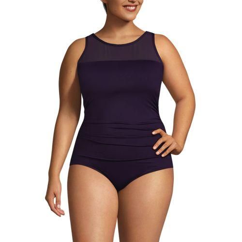 Badeanzug mit Netz-Detail, hoher Halsausschnitt, Damen,  Lila, Elasthan/Nylon-Mischung, by Lands' End