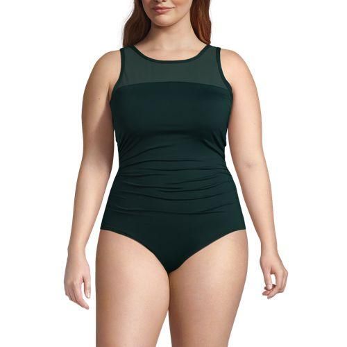 Badeanzug mit Netz-Detail, hoher Halsausschnitt, Damen,  Grün, Elasthan/Nylon-Mischung, by Lands' End