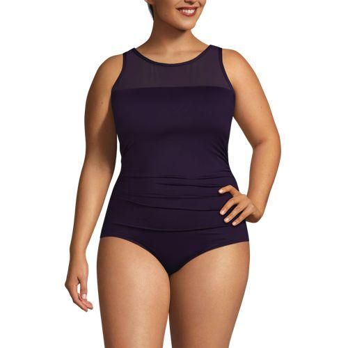 Badeanzug mit Netz-Detail, hoher Halsausschnitt, Damen,  Lila, Elasthan/Nylon-Mischung, by Lands' End